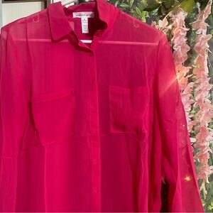 Pink sheer long sleeve bottom up shirt.